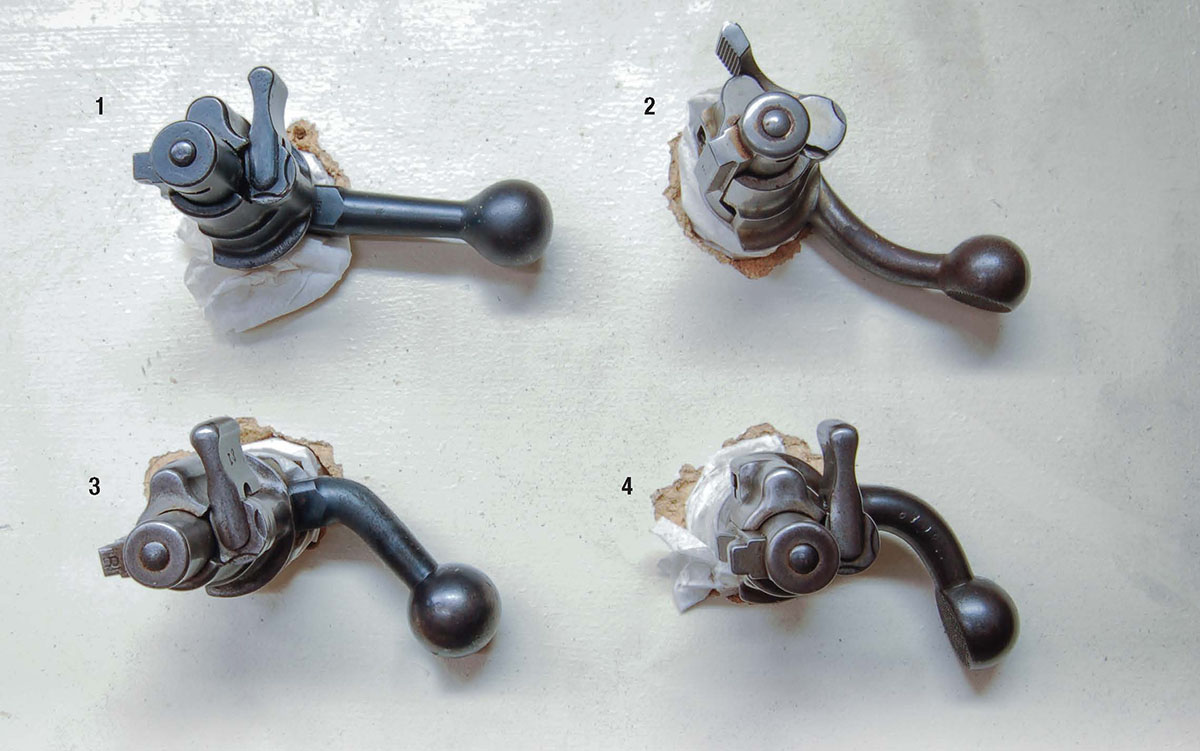 Siamese straight bolt handle (1), can be bent in commercial forging blocks (2), or to Mauser sporter profile in Mauser blocks (3), or with a torch and pliers (4). Please resist number 4.